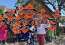 Layla Moran and Sarah Dyke campaigning outside Langport Library.