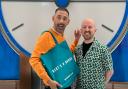 Alex Call and Countdown presenter Colin Murray in front of the iconic clock face.