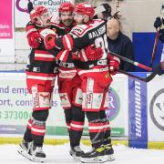 Sam Godfrey, Aaron Nell, and Tomasz Malasinski - Swindon Wildcats v Peterborough Phantoms Photo: KLM Photography