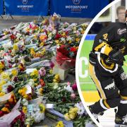 Flowers and messages left in tribute to Nottingham Panthers' ice hockey player Adam Johnson outside the Motorpoint Arena in Nottingham