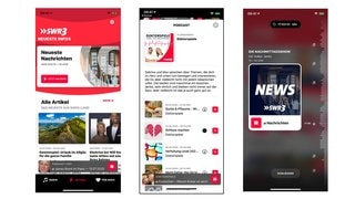 Ansicht der neuen SWR3 App: Nachrichten, Podcasts, News