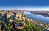 Aerial view of Budapest's buildings, river and bridge