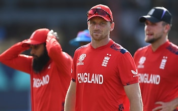 Jos Buttler of England looks on after his side's defeat in the ICC Men's T20 Cricket World Cup West Indies & USA 2024 Semi-Final match between India and England at Providence Stadium on June 27, 2024 in Georgetown, Guyana