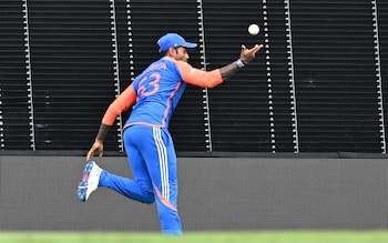 India's Suryakumar Yadav makes a catch to dismiss South Africa's David Miller during the ICC men's Twenty20 World Cup 2024 final cricket match between India and South Africa at Kensington Oval in Bridgetown, Barbados, on June 29, 2024