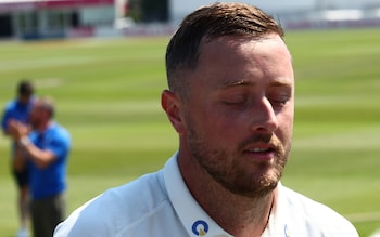 Ollie Robinson leaves the field at lunch having conceded 43 off one over on the final day of the Vitality County Championship Two match between Sussex County Cricket Club and Leicestershire County Cricket Club at the 1st Central County Ground