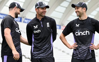 James Anderson with Mark Wood and Chris Woakes at Trent Bridge