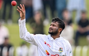 Shakib Al Hasan throws a ball in the air before bowling for Bangladesh