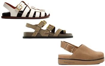 Leather fisherman sandals, £295, ME+EM; Suede buckled sandals, £119, Massimo Dutti; Suede slingback clogs, £195, Russell & Bromley