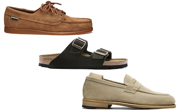 Suede boat shoes, £170, Sebago; Suede leather, £115, Birkenstock; Suede loafers, £219, Myrqvist