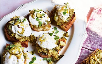 Burrata on bruschetta with stewed courgettes, fennel and marjoram recipe