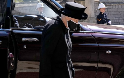 Queen Elizabeth II arrives for the funeral of the Duke of Edinburgh at St George's Chapel