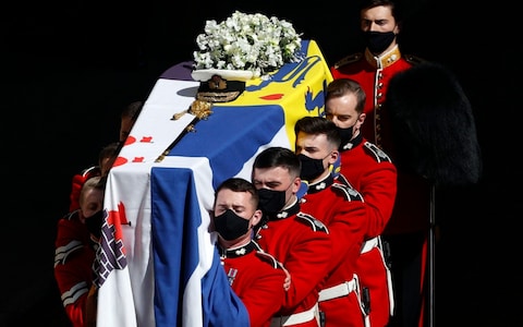 The coffin of Prince Philip, Duke of Edinburgh was laid onto a modified Land Rover Defender