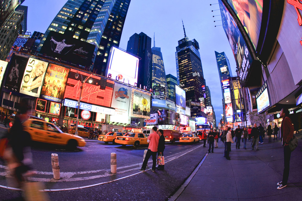 Fisheye lens view of urban scene at dusk