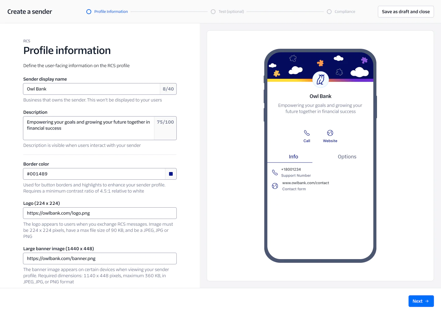 Online form for setting up Owl Bank's RCS profile with sender display name, description, logo, banner, and border color.