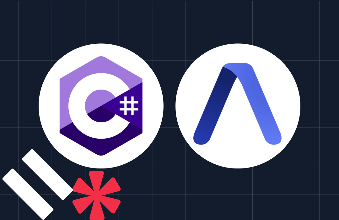 Logos of C# programming language and Project A** on a dark grid background with white and red geometric shapes.