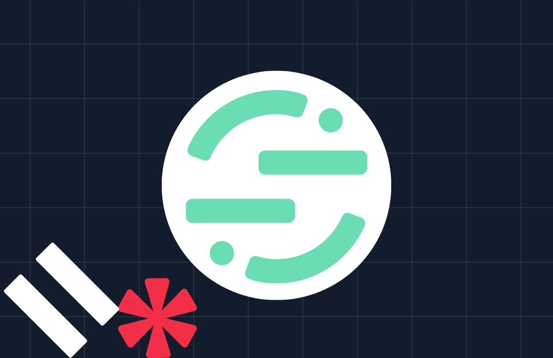 Circular logo with mint green and white shapes, a red asterisk, and two white bars on a dark grid background.