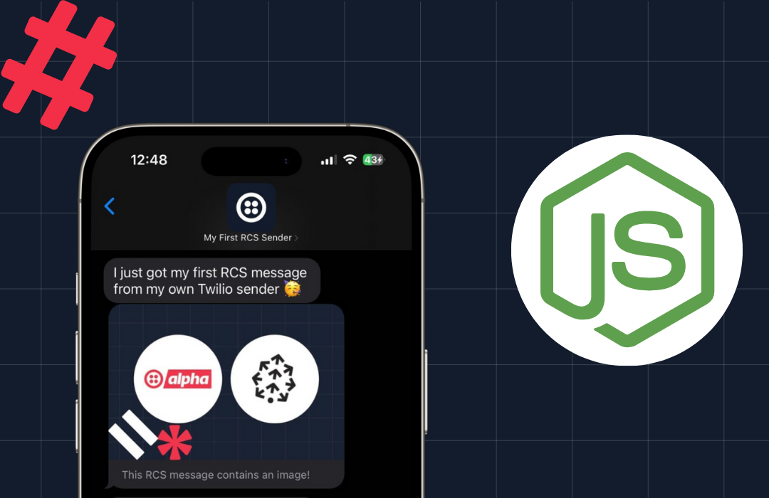 A mobile phone displays an RCS message from a Twilio sender next to Node.js logo.