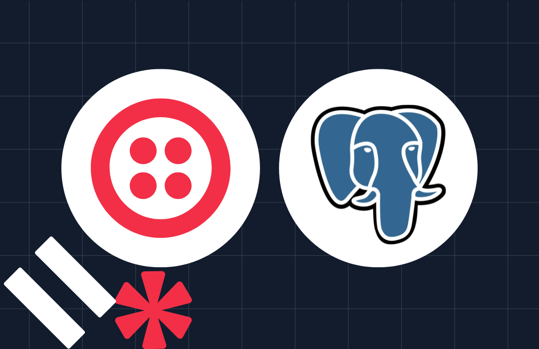 Logos of Twilio and PostgreSQL with additional icons on a dark grid background.