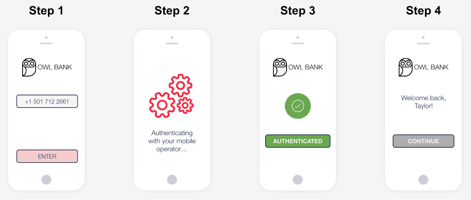 4 step process showing what an end user would see when they log in with SNA