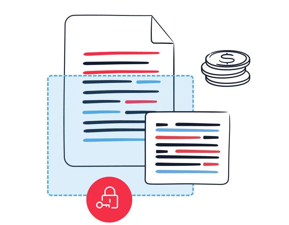 Illustration showing that documents are shielded by layers of technical, organizational, and contractual safeguards.