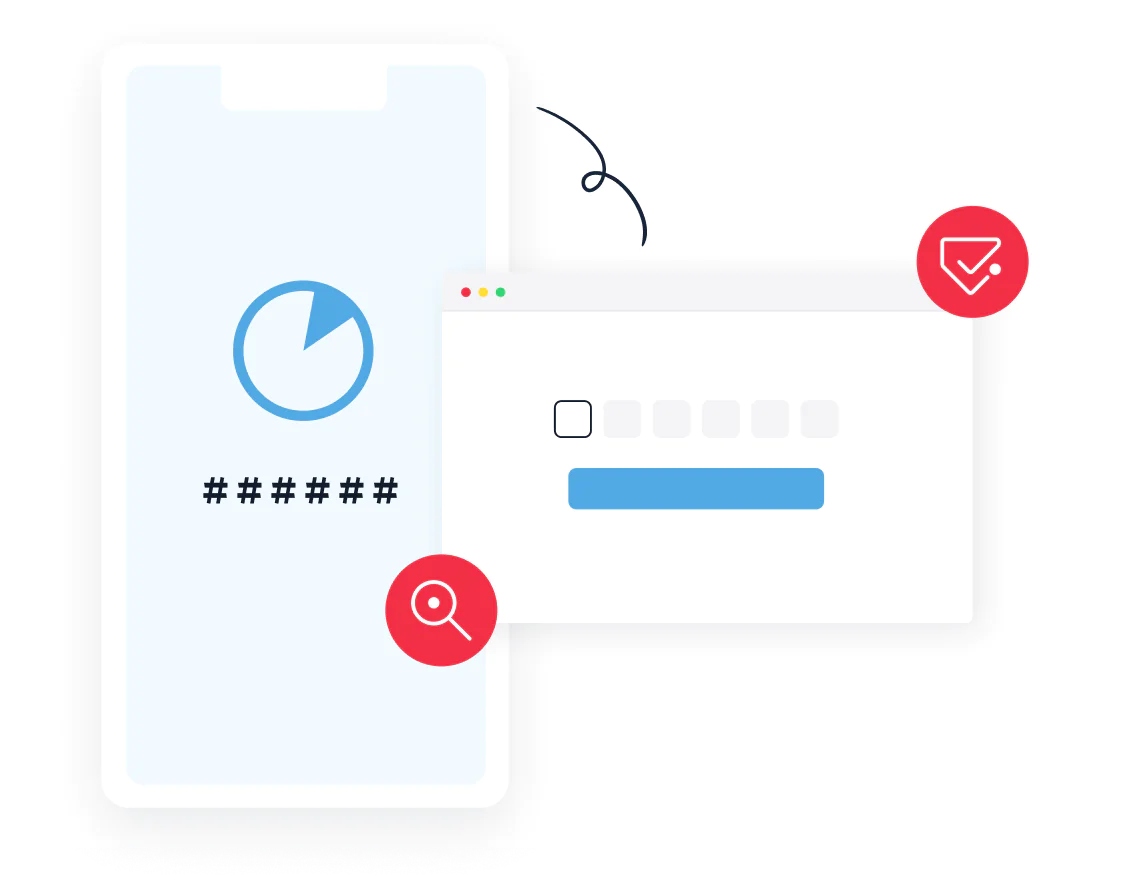 A phone displaying a code and a web screen with a code entry field and security icons.