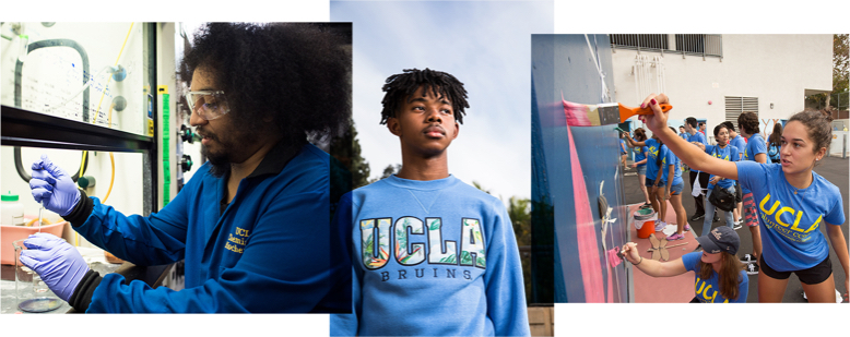 A student in a lab class, a student wearing a UCLA sweater and student volunteers painting a playground wall.