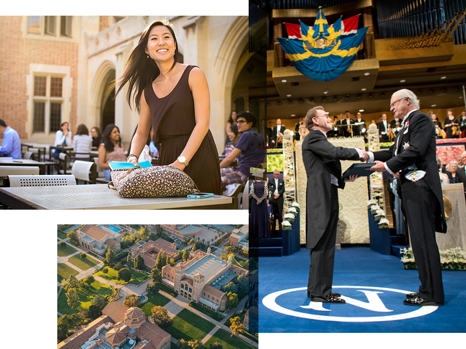 A female student getting ready to study at an outdoor table; Randy Schekman winning a Nobel Prize; A shot from above of Royce Hall and Powell Library