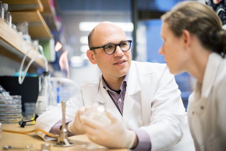 2 scientists talking at the lab bench