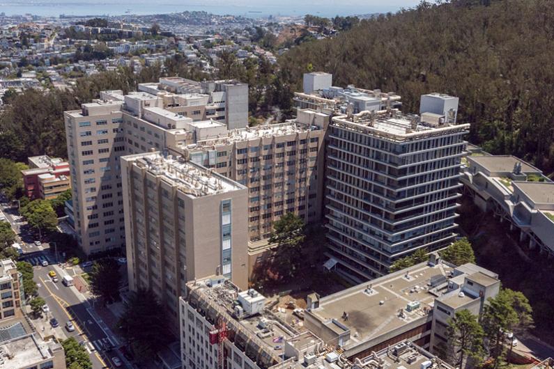 An aerial view of the Parnassus Heights campus