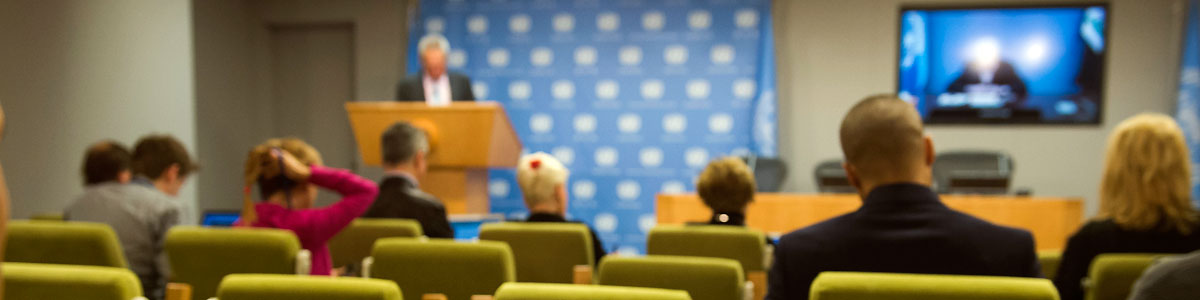 A wide view of the press briefing room. UN Photo/Paulo Filgueiras