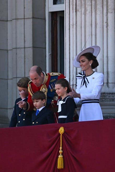 (From L) Britain's Prince George of Wales, Britain's Prince William, Prince of Wales, Britain's Prince Louis of Wales, Britain's Princess Charlotte of Wales and Britain's Catherine, Princess of Wales, stand on the balcony of Buckingham Palace after attending the King's Birthday Parade, "Trooping the Colour", in London, on June 15, 2024.