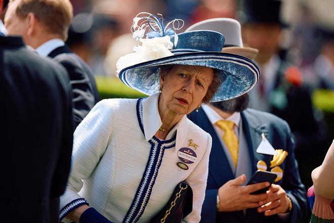 Britain's Princess Anne, Princess Royal reacts upon arrival on the second day of the Royal Ascot horse racing meeting, in Ascot, west of London, on June 19, 2024.