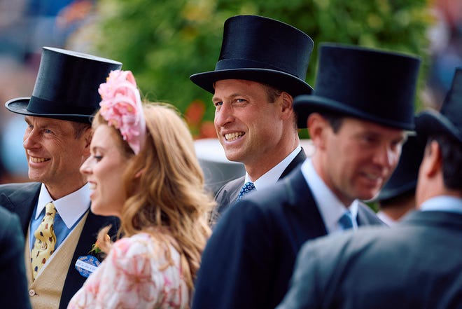 Britain's Prince William, Prince of Wales (C) reacts behind Britain's Princess Beatrice of York (2nd L) and Britain's Prince Edward, Duke of Edinburgh (L) on the second day of the Royal Ascot horse racing meeting, in Ascot, west of London, on June 19, 2024.