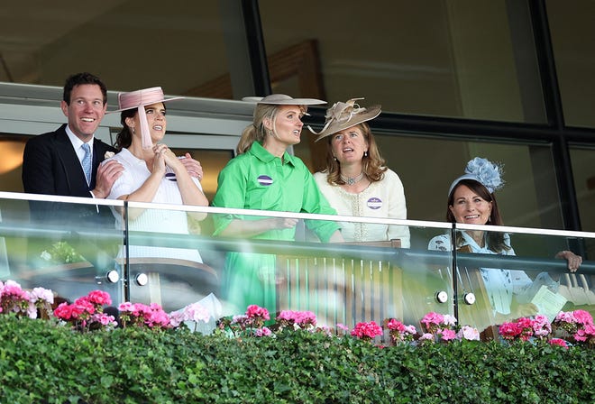 Jack Brooksbank, Princess Eugenie of York, Lucy van Straubenzee, Lady Laura Meade and Carole Middleton watch the second race at Royal Ascot on June 19, 2024.