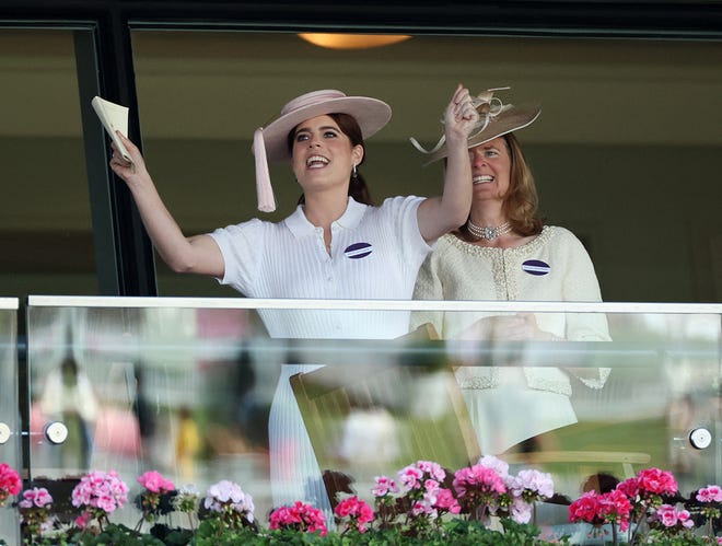 Princess Eugenie of York and Lady Laura Meade watch the third race at Royal Ascot on June 19, 2024.