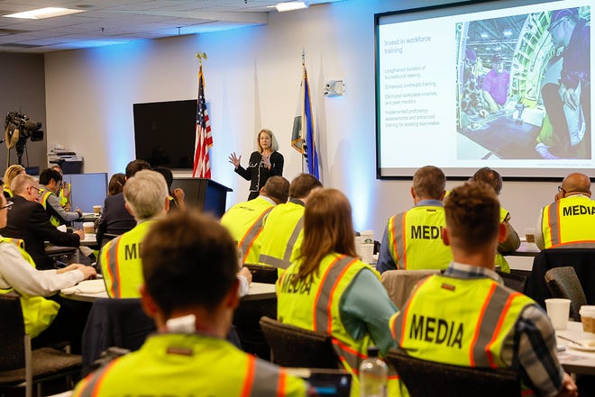 Elizabeth Lund, Senior Vice President, Quality at Boeing speaks to gathered media at the Boeing 737 factory Tuesday, June 25, 2024 in Renton, WA.