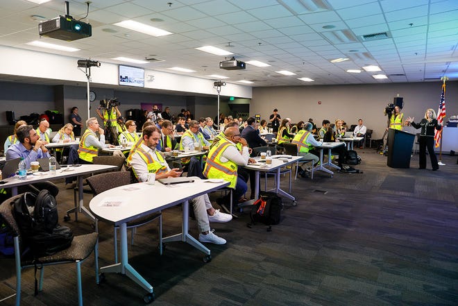 Elizabeth Lund, Senior Vice President, Quality at Boeing speaks to gathered media at the Boeing 737 factory Tuesday, June 25, 2024 in Renton, WA.