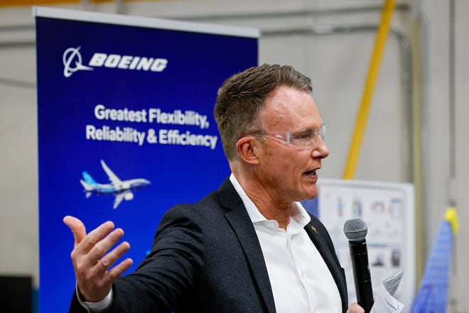 Lance Ball, senior director of Manufacturing and Safety at Boeing speaks to gathered media at the Foundational Training Center Tuesday, June 25, 2024 in Renton, WA.