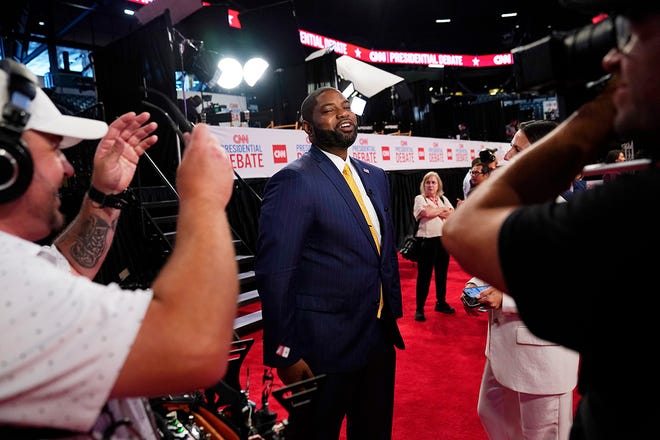 Rep. Byron Donalds (R-FL) making the rounds in the Georgia Tech’s McCamish Pavilion hosting media in the Spin Room prior to the CNN Presidential Debate between President Joe Biden and former President Donald Trump held at CNN's studios in Atlanta on Jun 26, 2024..