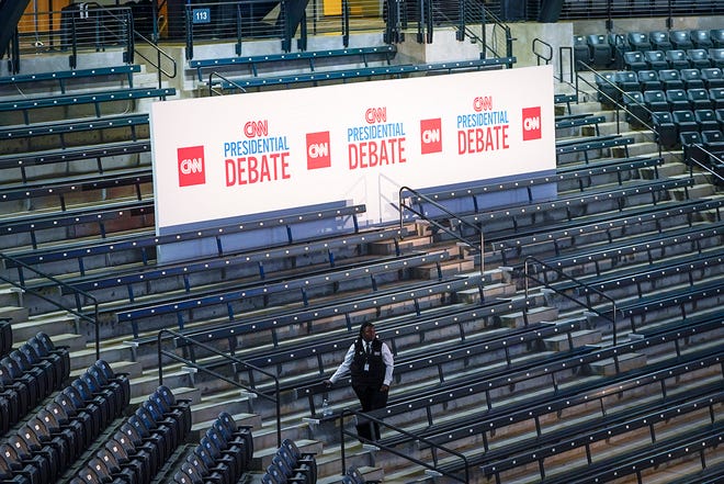 Jun 26, 2024; Atlanta, GA, USA; Early morning at Georgia Tech’s McCamish Pavilion which will host the Spin Room during the CNN Presidential Debate between President Joe Biden and former President Donald Trump held at CNN's studios in Atlanta on Jun 26, 2024. CNN Anchors Jake Tapper and Dana Bash are moderators of the debate.