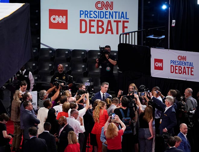 California Governor Gavin Newsom at the Georgia TechÕs McCamish Pavilion prior to the CNN Presidential Debate between President Joe Biden and former President Donald Trump held at CNN's studios in Atlanta. CNN Anchors Jake Tapper and Dana Bash are moderators of the debate.