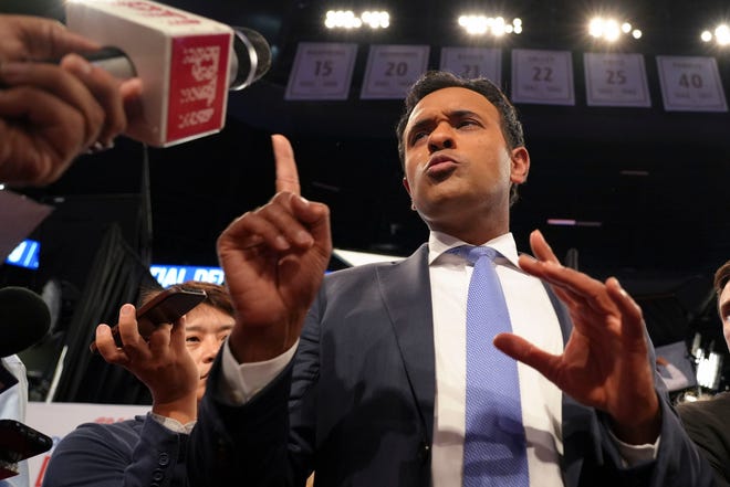 Vivek Ramaswamy speaks with reporters before the CNN Presidential Debate between President Joe Biden and former President Donald Trump held at CNN's studios in Atlanta.