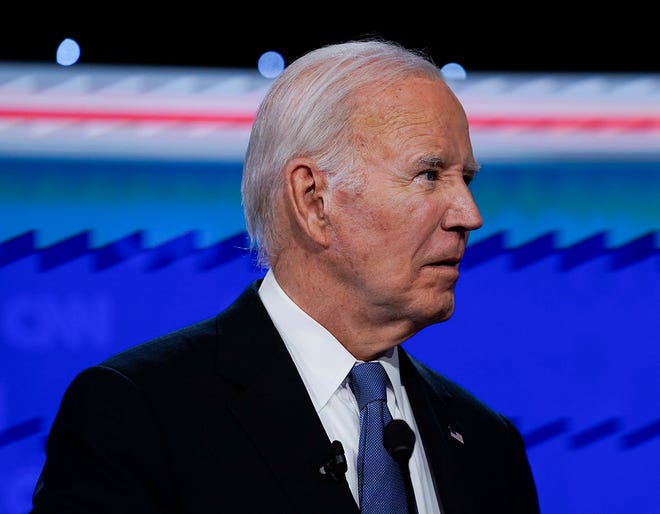 President Joe Biden during the debate at CNN's studios in Atlanta. CNN Anchors Jake Tapper and Dana Bash are moderators of the debate.