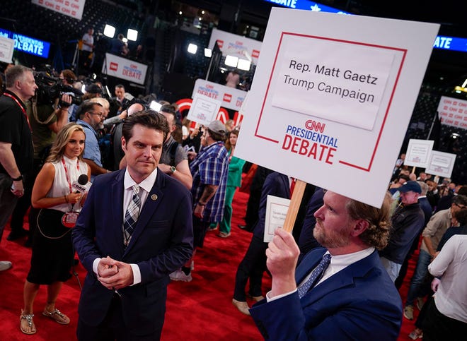 Rep. Matt Gaetz (R-FL) making media rounds in the Spin Room at Georgia Tech's McCamish Pavilion after the CNN Presidential Debate between President Joe Biden and former President Donald Trump held at CNN's studios in Atlanta. CNN Anchors Jake Tapper and Dana Bash are moderators of the debate.