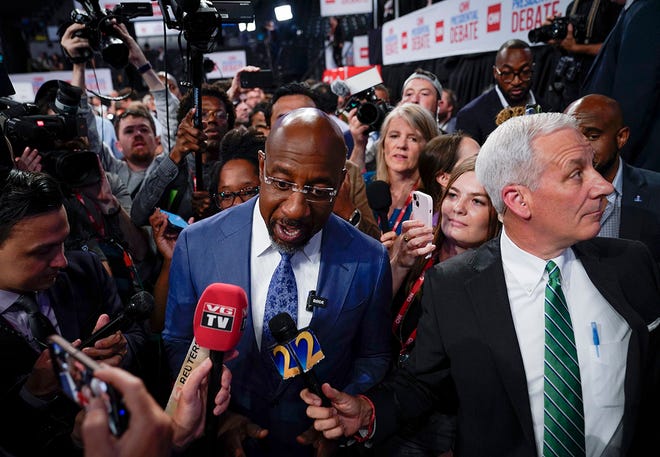 Sen. Raphael Warnock (D-Ga.) making media rounds in the Spin Room at Georgia Tech's McCamish Pavilion after the CNN Presidential Debate between President Joe Biden and former President Donald Trump held at CNN's studios in Atlanta. CNN Anchors Jake Tapper and Dana Bash are moderators of the debate.