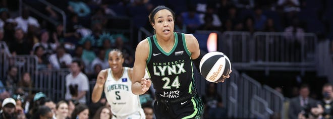 Jun 25, 2024; Belmont Park, New York, USA; Minnesota Lynx forward Napheesa Collier (24) brings the ball up the court against the New York Liberty in the second quarter of the Commissioner’s Cup Championship game at UBS Arena. Mandatory Credit: Wendell Cruz-USA TODAY Sports