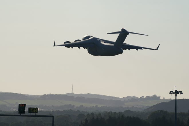 The RAF C-17 aircraft carrying the coffin of Queen Elizabeth II, takes off from Edinburgh airport on September 13, 2022 in Edinburgh, Scotland. The coffin carrying Her Majesty Queen Elizabeth II leaves St Giles Church travelling to Edinburgh Airport where it will be flown to London and transferred to Buckingham Palace by road. Queen Elizabeth II died at Balmoral Castle in Scotland on September 8, 2022, and is succeeded by her eldest son, King Charles III.