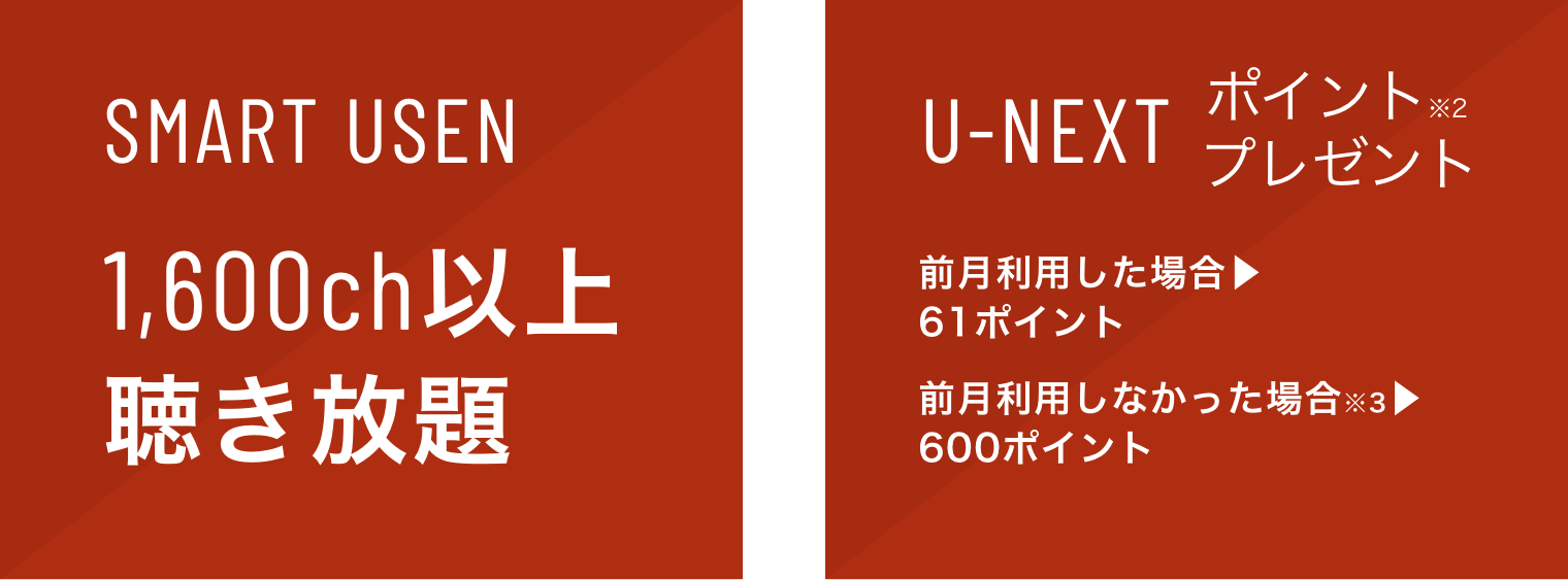 SMART USEN 1,600ch以上聴き放題 U-NEXTポイントプレゼント 前月利用した場合61ポイント 前月利用しなかった場合600ポイント