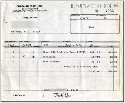 Benj's Atari 810 Receipt from 1981