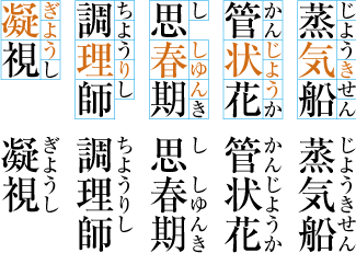 熟語ルビの配置例3（後ろの親文字にルビ文字を掛けた例）